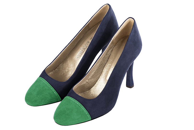 Emerald green and navy blue women's dress pumps, with a round neckline. Round toe. Very high slim heel. Front view - Florence KOOIJMAN